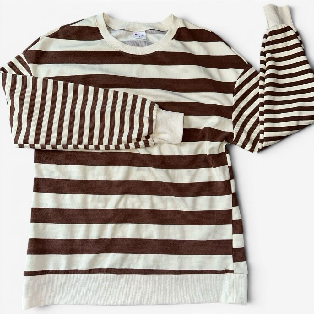 Brown White Striped Crewneck Sweater Womens Small Long Sleeve Pullover Knit